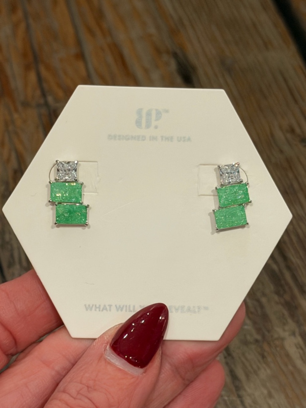 Bomb Party NWOT! Green Square Trio Drop Earrings with Clear Accent